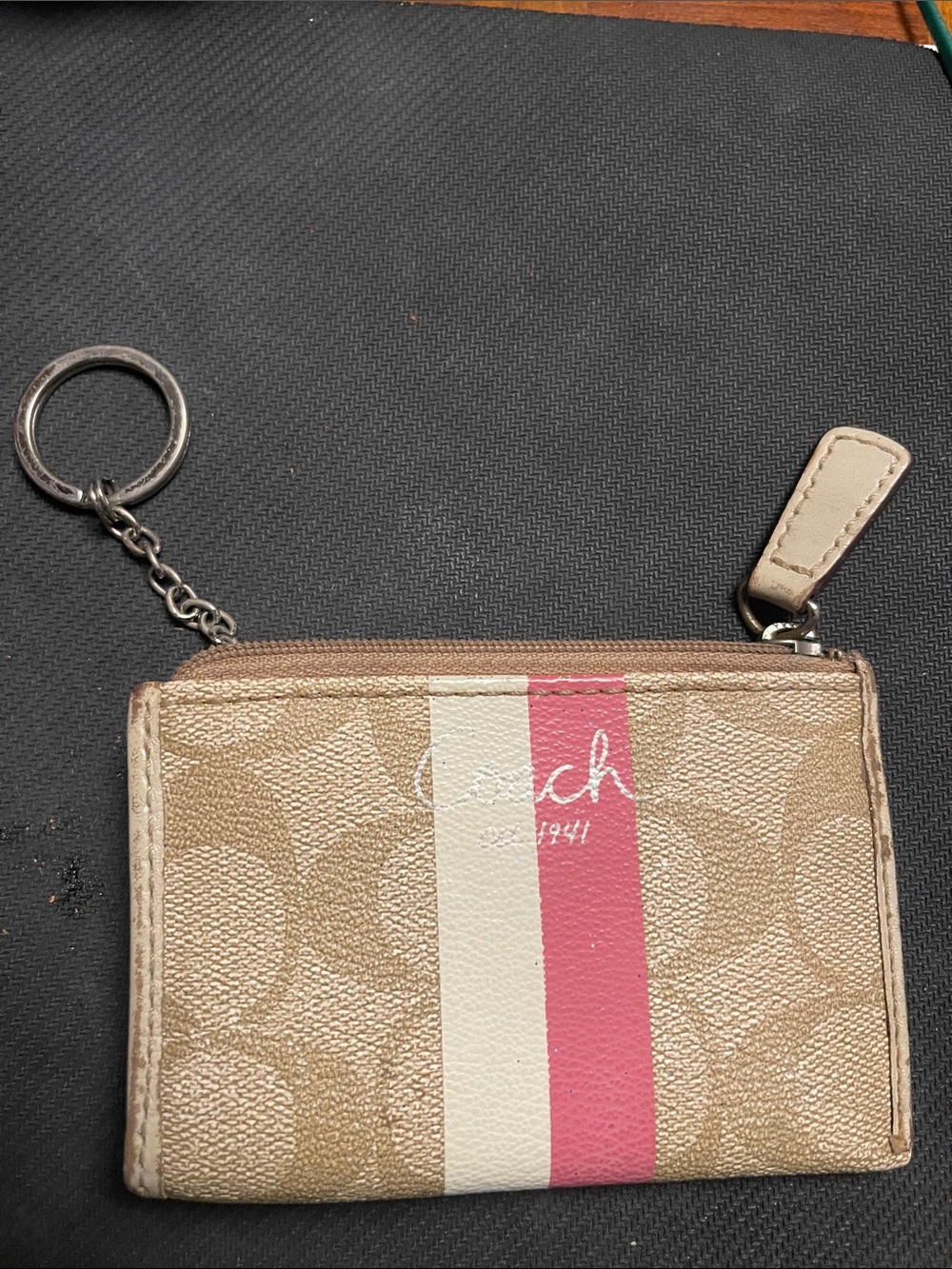 Coach Tan Card Case with Pink and Cream Stripe